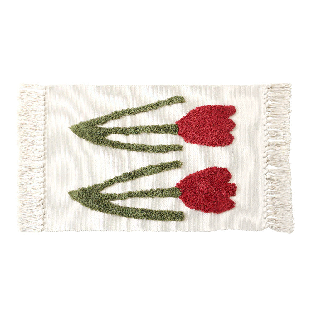 Handgewebter Baumwoll-Badmattenteppich mit Tufting-Blumenapplikation und Quasten Karnz