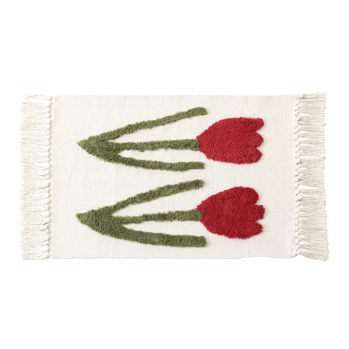 Handgewebter Baumwoll-Badmattenteppich mit Tufting-Blumenapplikation und Quasten Karnz