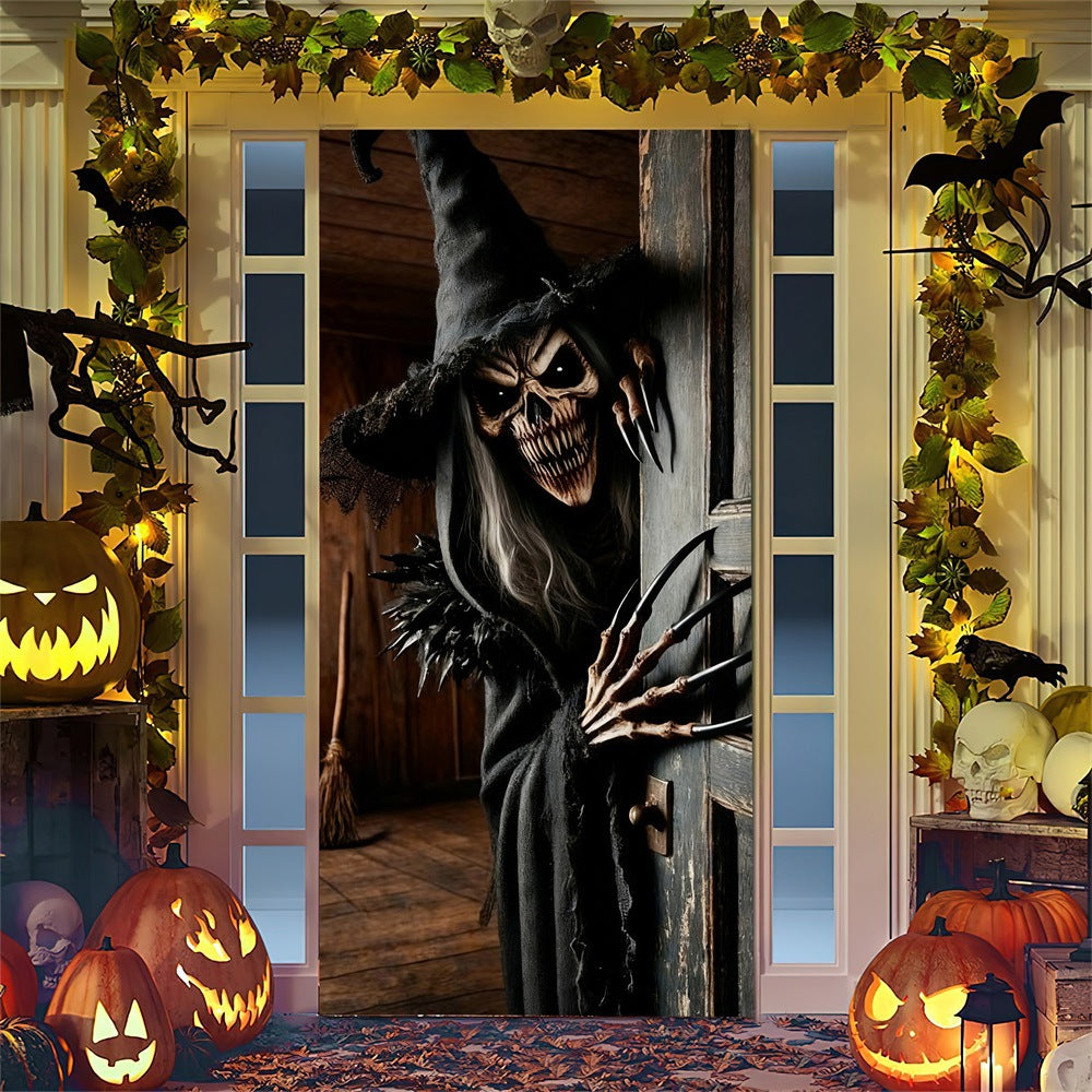 Halloween-Türposter mit großformatiger Grim-Reaper-Illustration und wiederverwendbarem PVC-Planenstoff