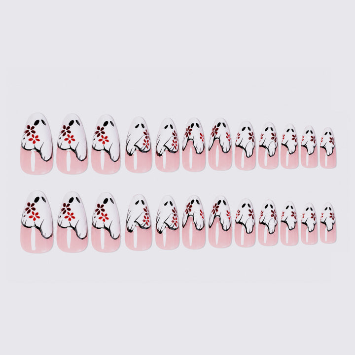 Künstlerisches Press-On-Nagelset mit Blumen- und Geisterdesign Karnz