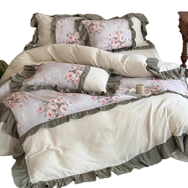 Cottage-Style gewaschenes Leinen Blumen Rüschen Bettbezugset mit dekorativen Kissenbezügen & tiefem Rock