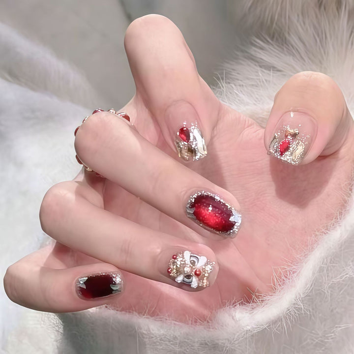 Elegantes mit Edelsteinen verziertes Press-On-Nagelset Karnz