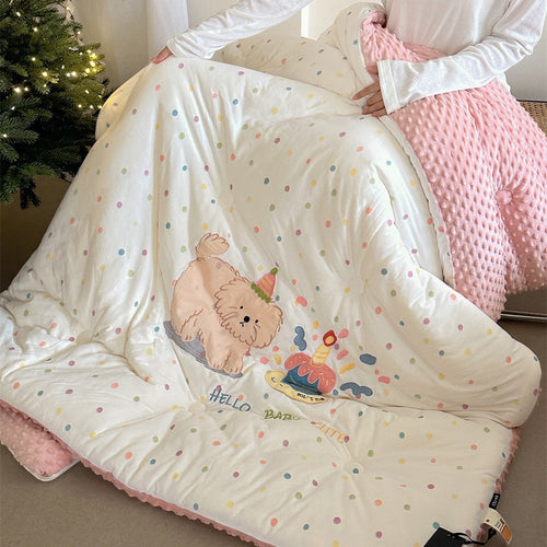 Kinder-Steppdecke mit applizierter Katze und Teddybär extraweiche Kuscheldecke