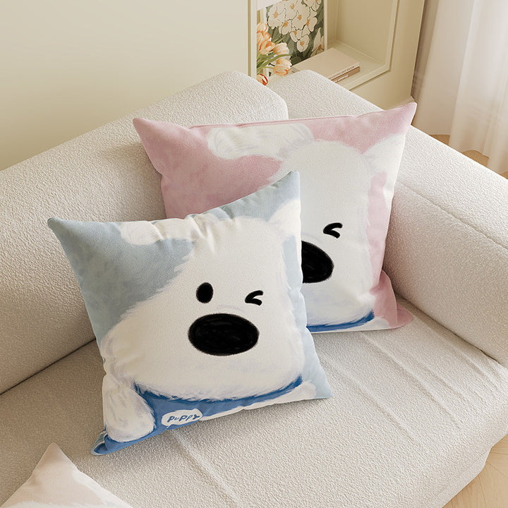 Square Decorative Throw Pillow Cover with Cute Cartoon Cat Illustration and Vertical Pink Stripe Linen-Blend