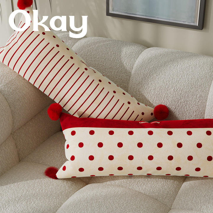 Decorative Long Lumbar Cushion Cover with Striped and Polka Dot Print and Corner Pom-Poms