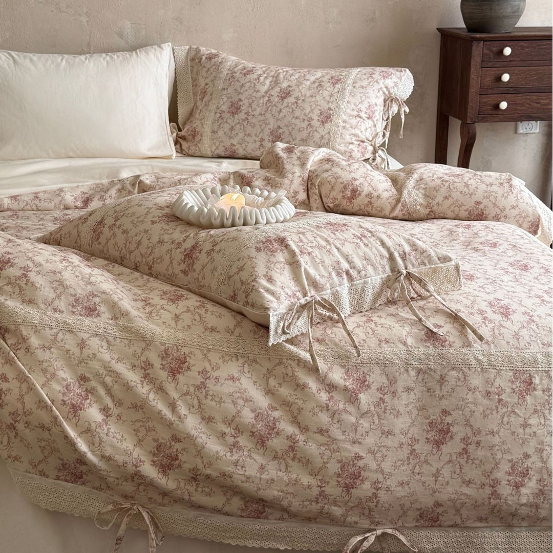 Vintage Floral Baumwolle Bettbezug Set mit Spitzenbesatz