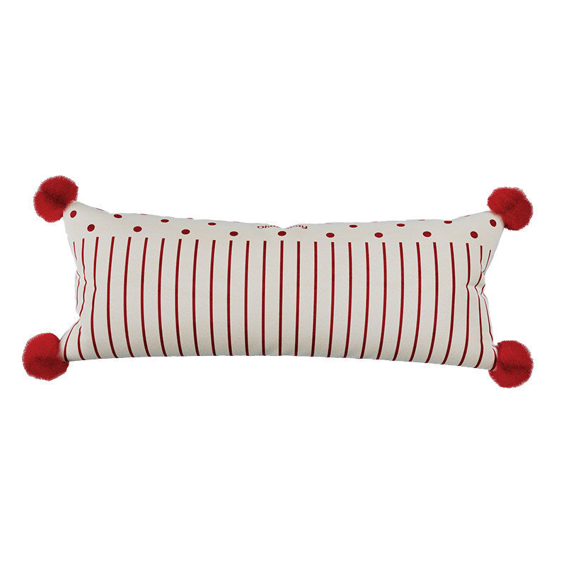 Decorative Long Lumbar Cushion Cover with Striped and Polka Dot Print and Corner Pom-Poms