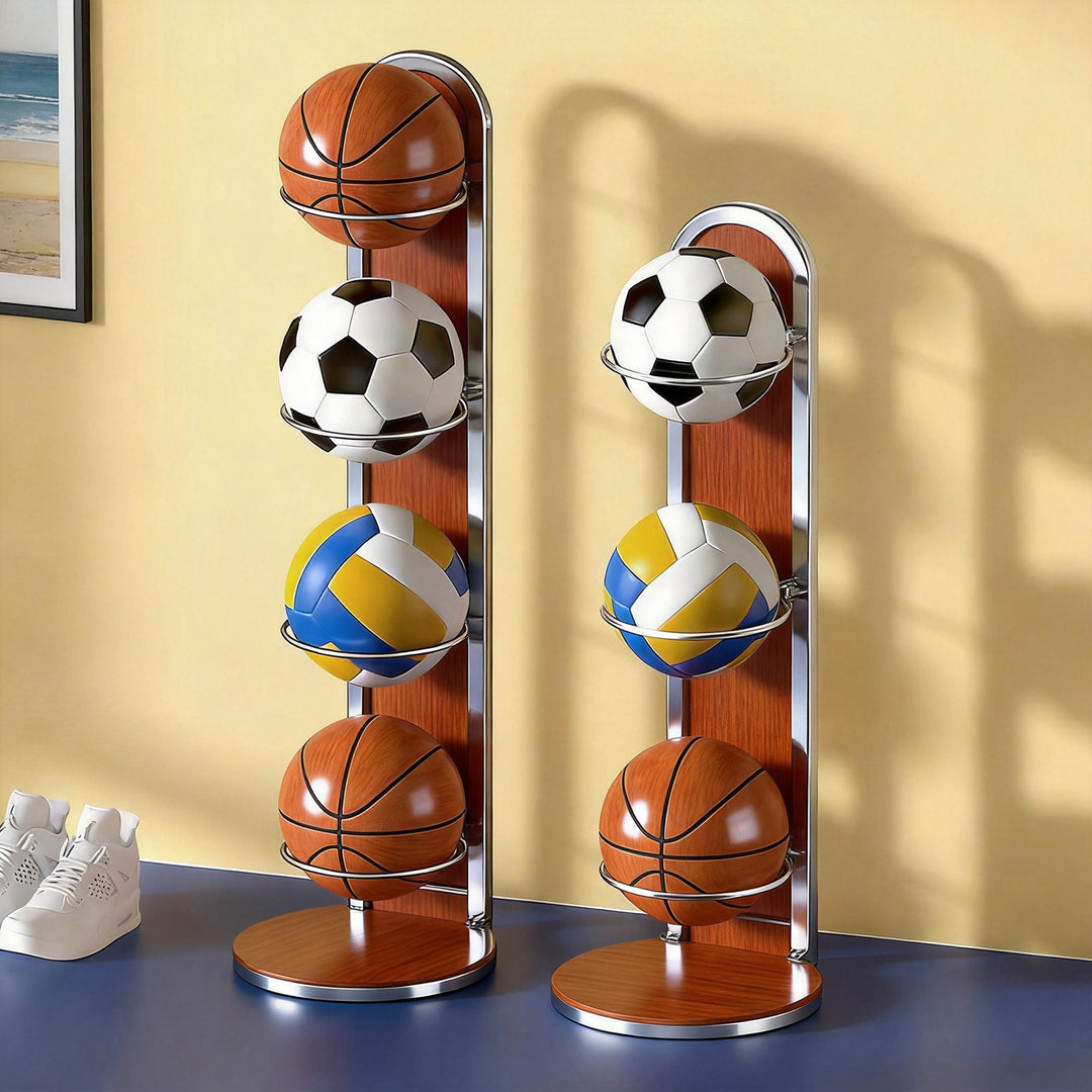 Dreistufiger vertikaler Sportballlagerregal mit wandfertigem Sockel und kreisförmigen Halterungen