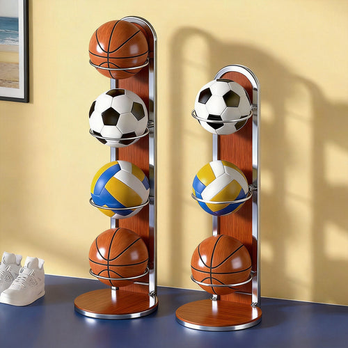Dreistufiger vertikaler Sportballlagerregal mit wandfertigem Sockel und kreisförmigen Halterungen