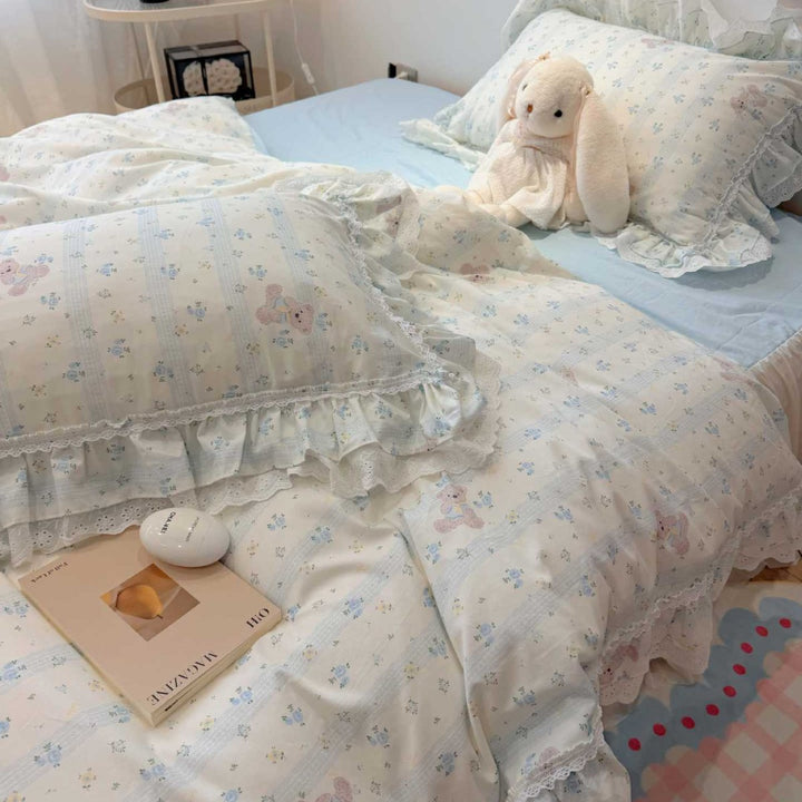 Rüschendes Teddy-Muster Baumwollsatin Bettdeckenbezug-Set mit wendbarem Blatt und Spitzeneinfassung Kissenbezüge