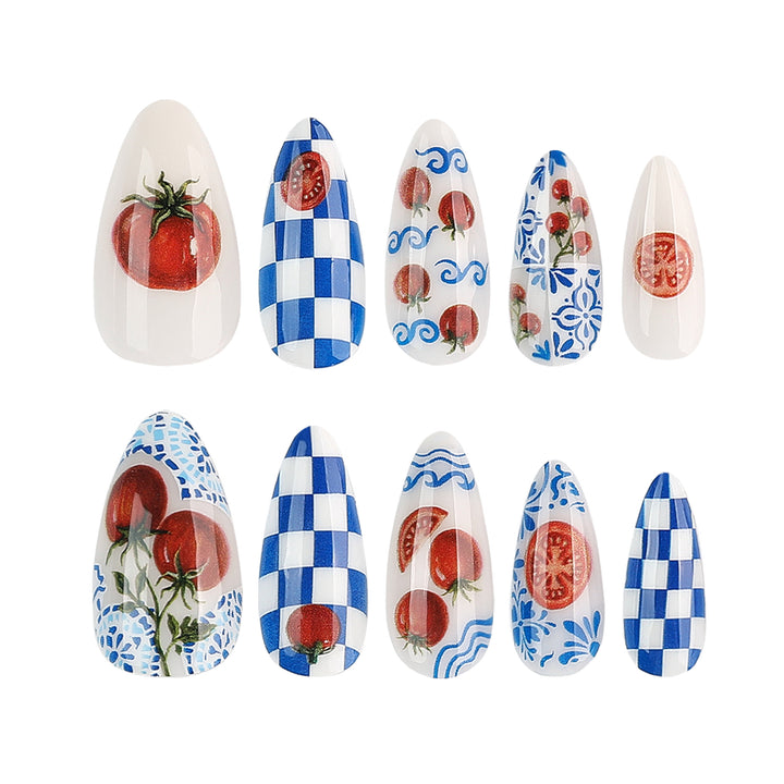 Kunstvolle Stiletto-Nägel mit fröhlichem Tomaten-Design Karnz