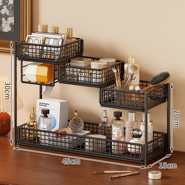 Multi-Tier Metallnetz Kosmetikorganizer mit Taschentuchhalter und verstellbaren Regalen