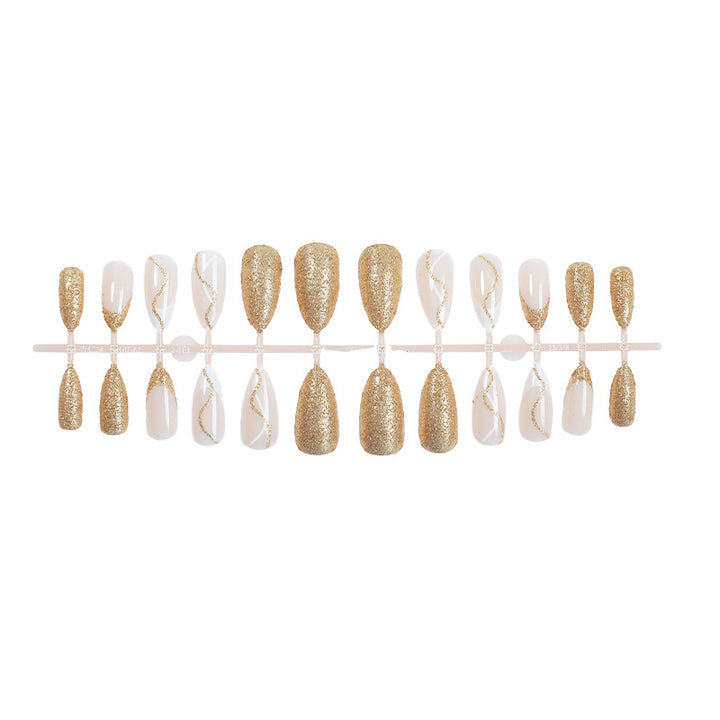 Elegantes Press-On-Nail-Set mit Glitzer und goldenen Wirbelakzenten Karnz