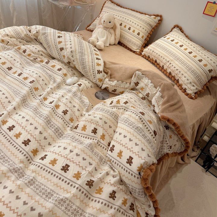 Plush Pom-Pom Trim Quilted Teddy-Motif Down-Alternative Comforter Set with Matching Pillow Shams
