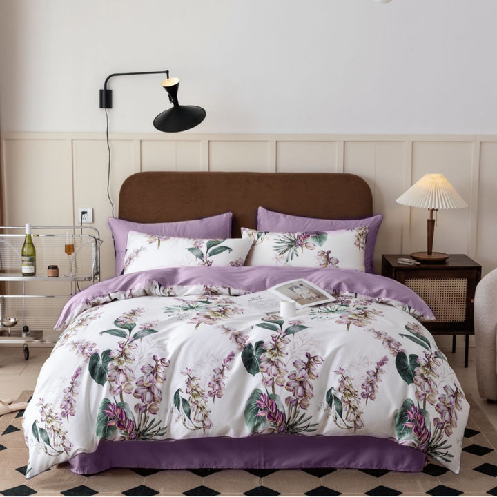 Luxoriöses florales Bettbezug-Set mit umkehrbarem einfarbigem Laken und Kissenbezügen