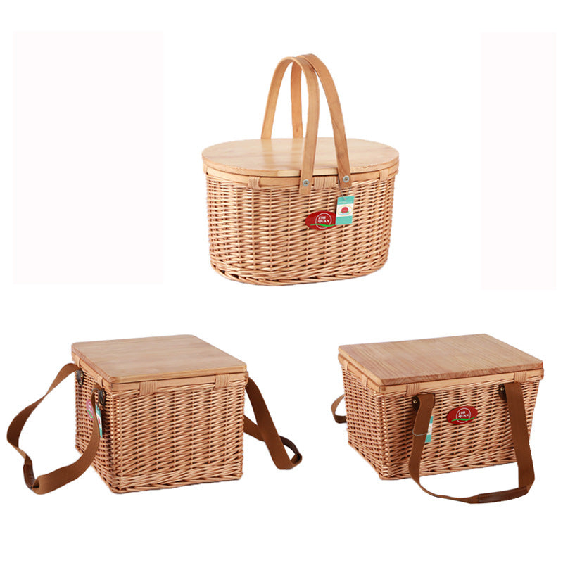 Damen Picknickkorb aus hochwertigem Naturmaterial mit robustem Holzdeckel Karnz