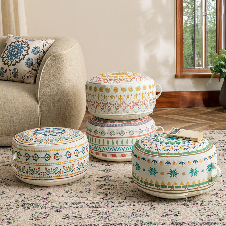 Rundes Sitzpouf mit gewebtem Baumwollbezug und ethnischem Mandala-Print Karnz