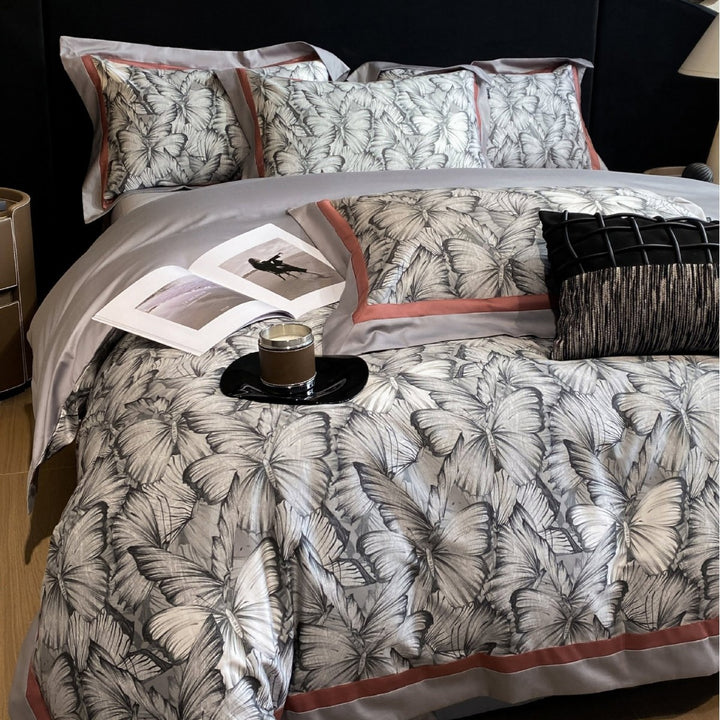 Schmetterlingsdruck Baumwollsatin Bettbezug Set mit Kontrastbordüre