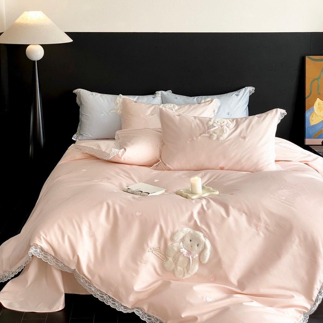 Bestickte Spitzenbesatz Plüsch-Applikation Baumwollsatin Bettdeckenbezug Set