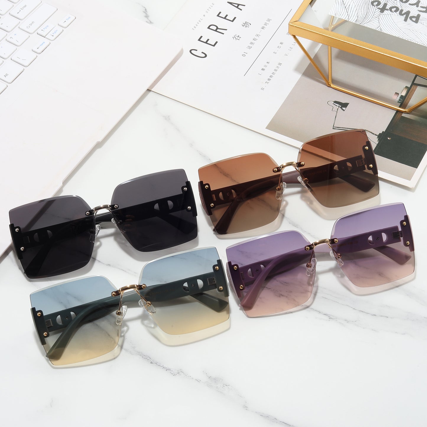 Damen Hochwertige rechteckige Sonnenbrille mit modischem Metallrahmen Karnz
