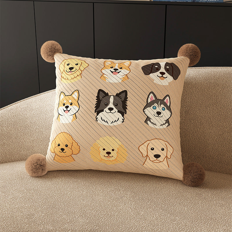Square Pom-Pom Knit Decorative Throw Pillow Cover with Cartoon Bear Panel and Textured Weave