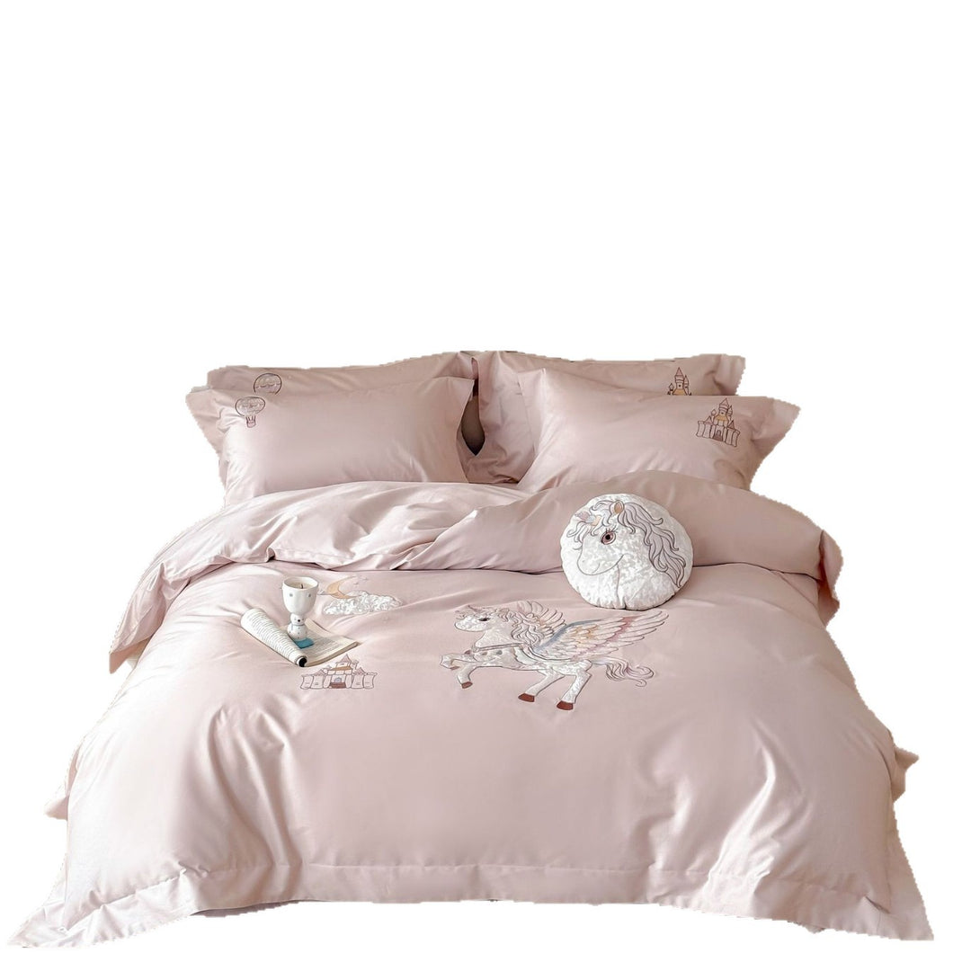Luxuriöses Satin-Bettwäsche-Set mit gesticktem Einhornmotiv und Märchenschloss-Applikation