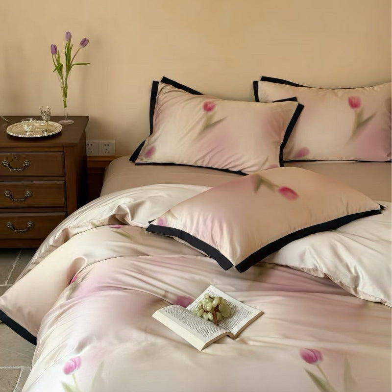 Luxuriöse Satin-Bettwäsche-Garnitur mit Tulpenmuster und Kontrastpaspel