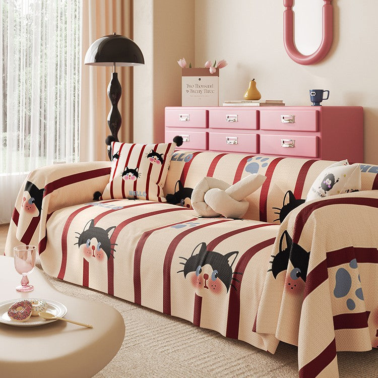 Decorative Stretch-Fit Cat-Print Reversible Sofa Slipcover with Elasticized Skirt