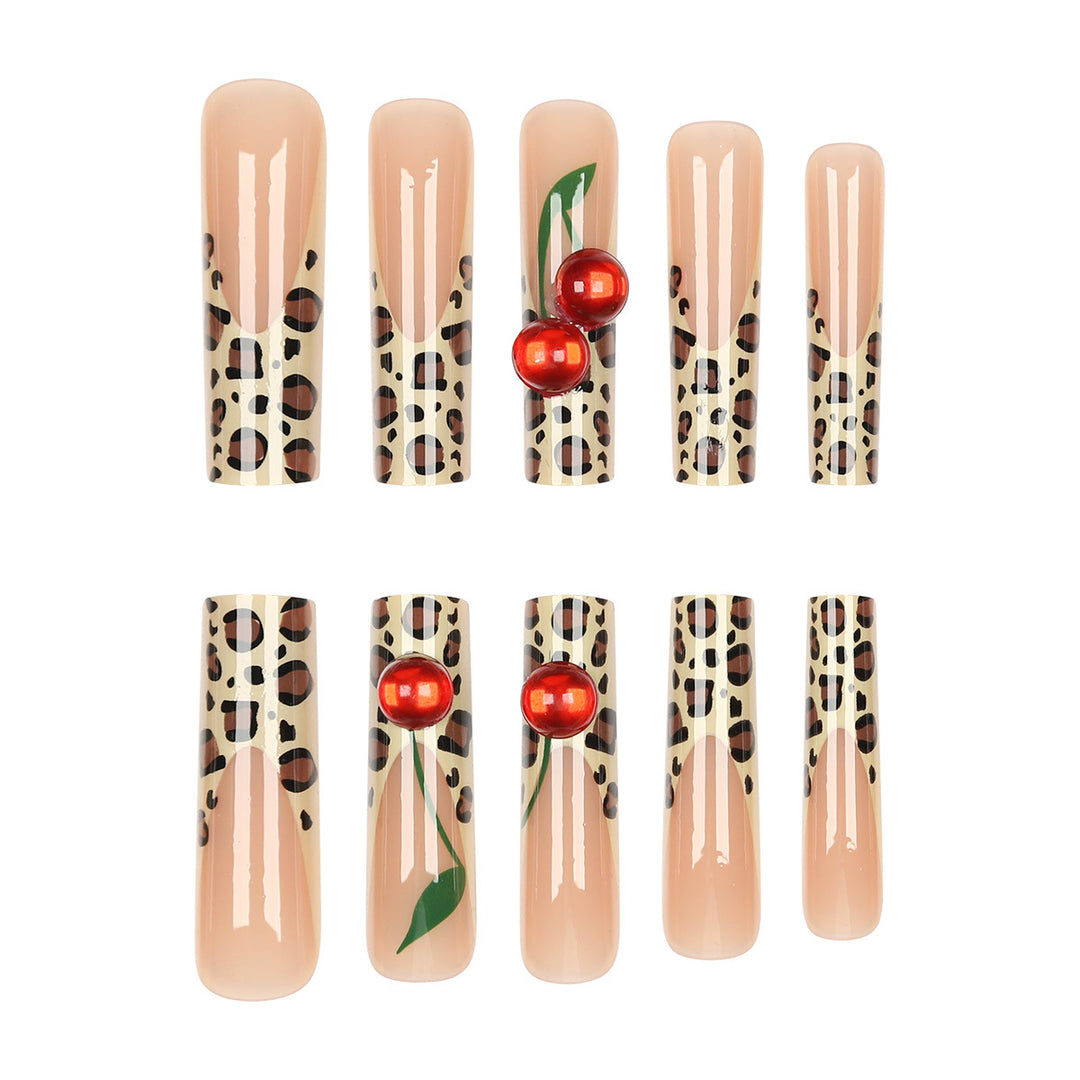 Tierdruck Stiletto Press-On Nägel mit Kirschdesign Karnz