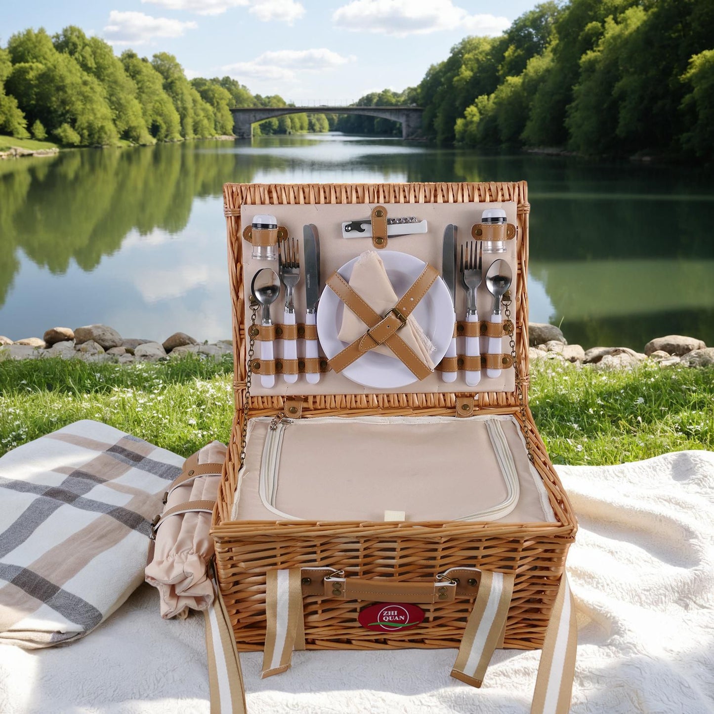 Damen Picknickkorb mit integriertem Geschirrset und stilvollem Leder-Detail Karnz