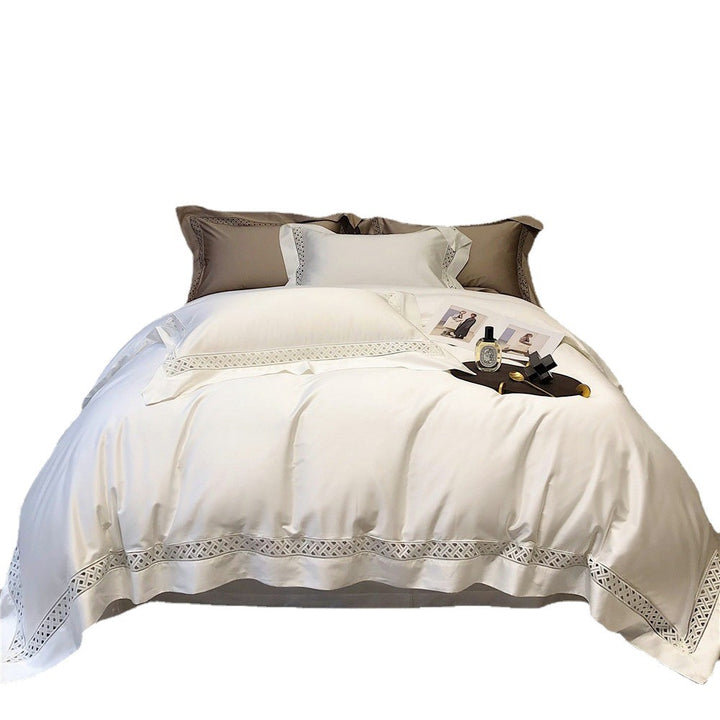 Luxuriöser Satin Bestickte Bettbezug Set mit Lattice Cutwork Trim
