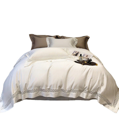 Luxuriöser Satin Bestickte Bettbezug Set mit Lattice Cutwork Trim