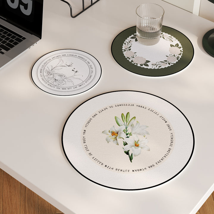 Round Decorative Leather-Look Drink Coaster with Embossed Floral Wreath
