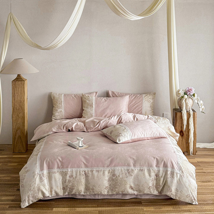 Florales Jacquard Satin Bettbezug Set mit Spitzenbesatz Kissenbezügen