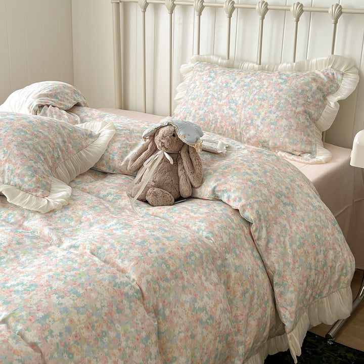 Pastellblumen Rüsch Baumwollsatin Bettbezug und Kissenbezug Set