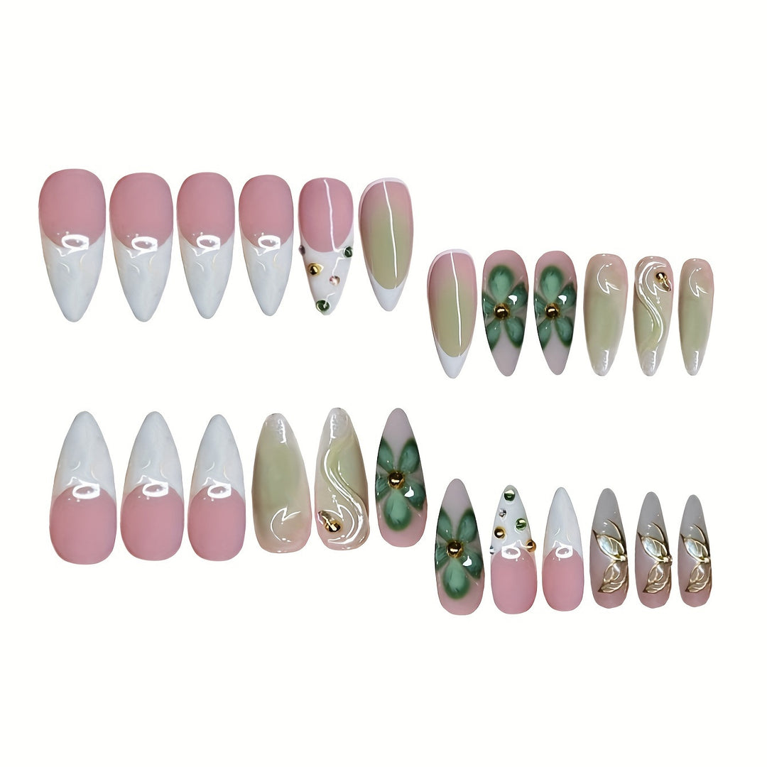 Künstlerisches Press-On Nageldesign mit floralen Elementen Karnz