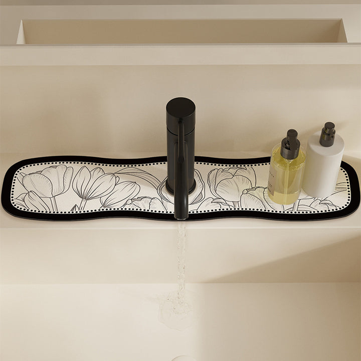 Decorative Semi-Circle Sink Splash Mat with Absorbent Silicone and Floral Sketch Print