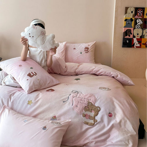 Kinder Baumwollsatin Bettbezug Set mit gesticktem Teddy & verspieltem Motiv Kissenbezügen