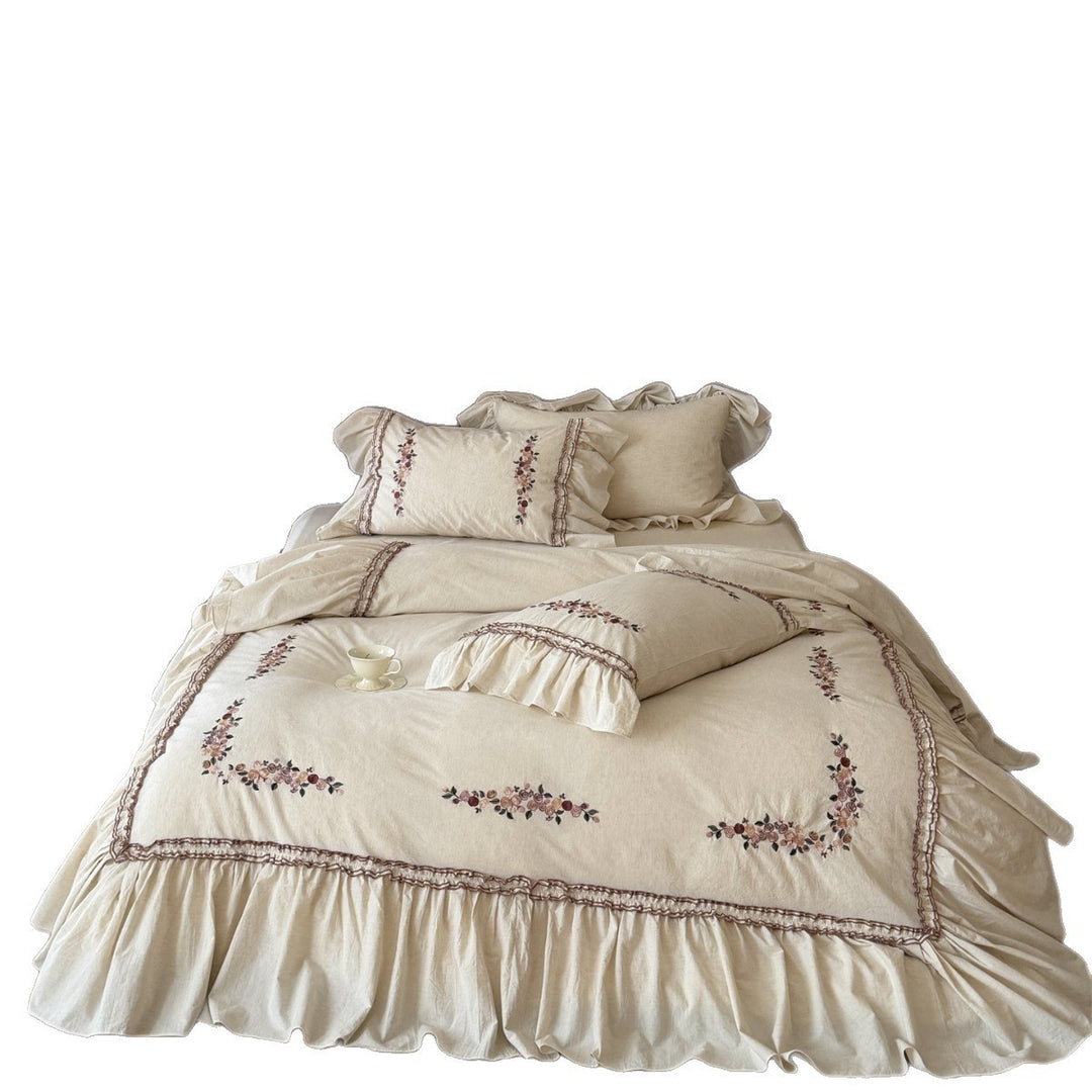 Vintage-inspirierte floral gestickte Rüsch-Linen-Bettbezug-Ensemble