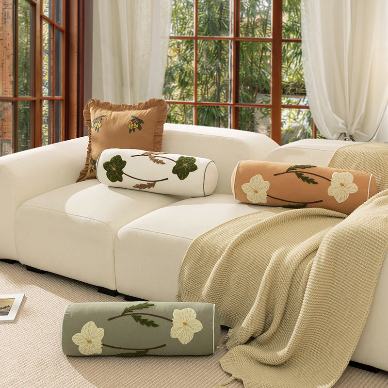 Bolster-Kissen mit handgesticktem Blumenmotiv und dekorativer Paspel