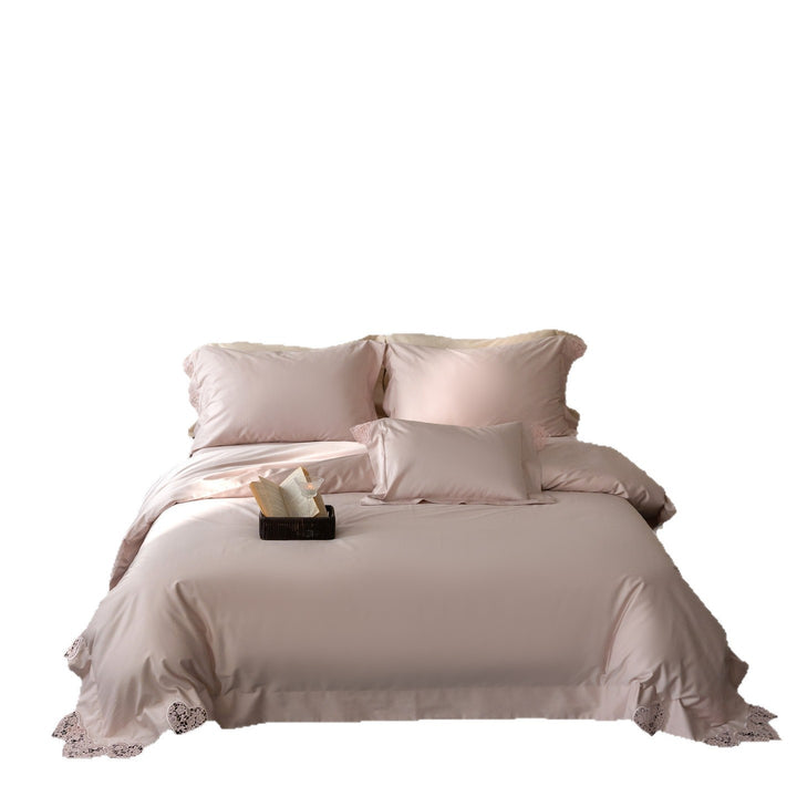 Luxus Satin Bettbezug Set mit Herz-Ausschnitt Spitze Trim