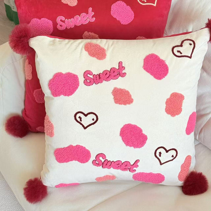Buntes Chenille-geplüschtes quadratisches Wurfkissen mit plüschigen Pom-Pom-Ecken und abnehmbarem Einsatz