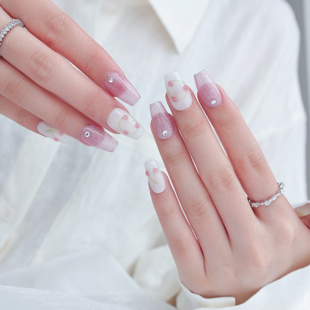 Blumen Press-On Nagel Set mit glitzernden Kirsch Akzenten