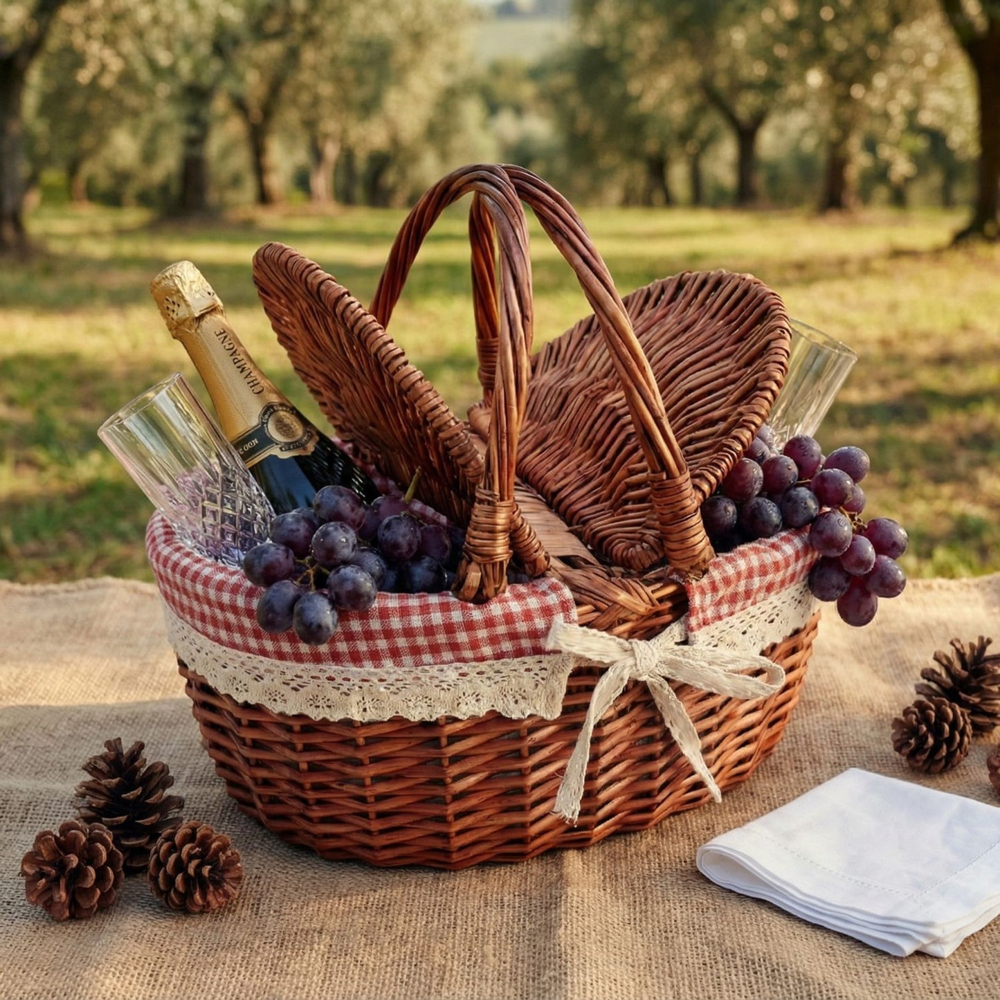 Damen geflochtener Picknickkorb mit romantischem Gingham-Futter Karnz