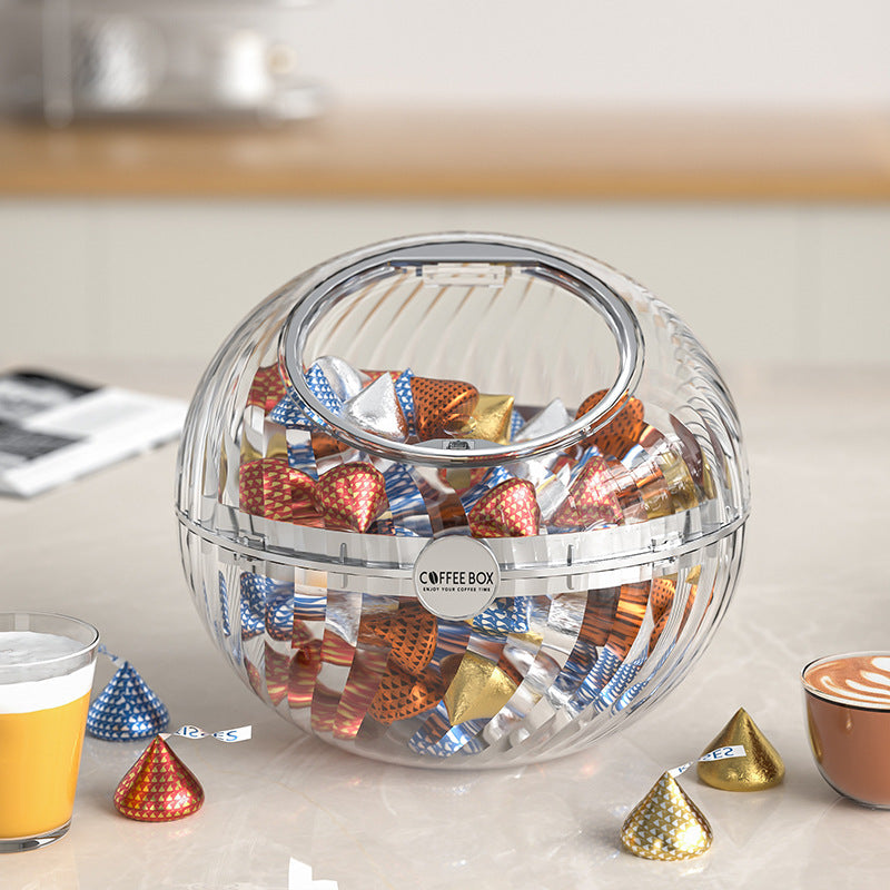 Kugelförmiger Kaffeekapselspender aus klarem Acryl mit Klappdeckel