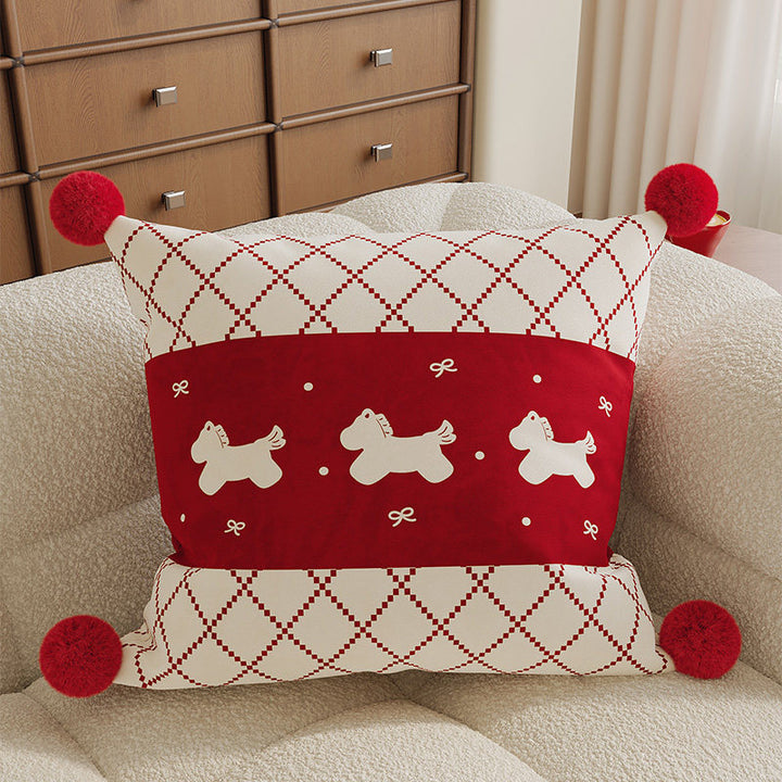 Decorative Square Pom-Pom Throw Pillow Cover with Jacquard Floral Motif