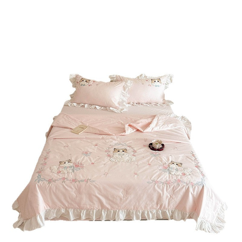 Romantisches Baumwoll-Bettwäsche-Set mit Rüschen und bestickten Katzenmotiven