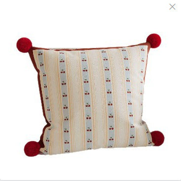 Decorative Throw Pillow with Pom-Pom Corners and Heart Stripe Print