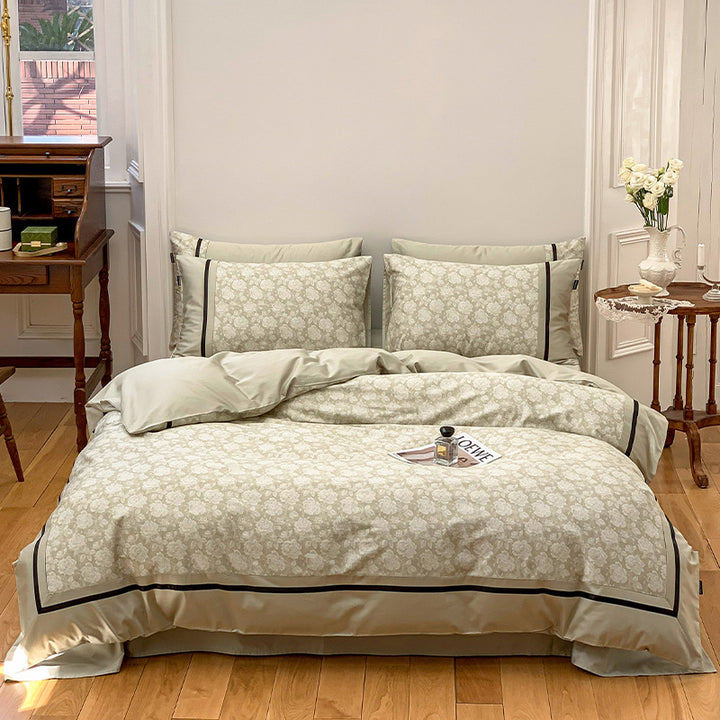 Luxus Baumwoll-Satin Blumen Bettdeckenbezug Set mit Aquarell Blumenmotiven, kontrastierendem Kastenrand & versteckten Eckenbindern