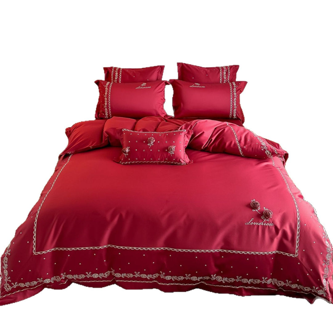 Besticktes Bettbezug-Set aus Baumwollsatin mit 3D-Rosenapplikationen und Zierkante